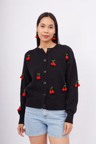 Peraluna Cherry Cardigan Organik Pamuk Kiraz İŞlemeli Kadın Hırka - Siyah