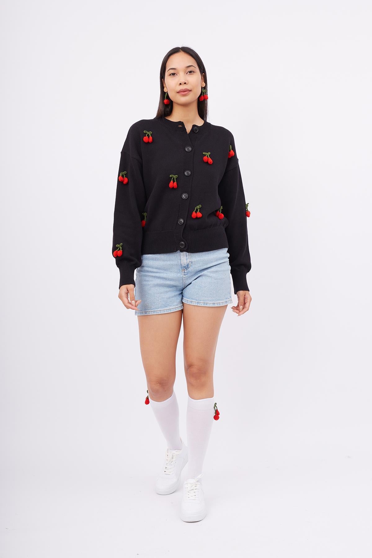 Peraluna Cherry Cardigan Organik Pamuk Kiraz İŞlemeli Kadın Hırka - Siyah