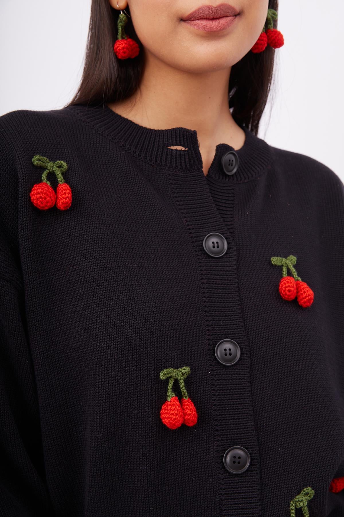 Peraluna Cherry Cardigan Organik Pamuk Kiraz İŞlemeli Kadın Hırka - Siyah