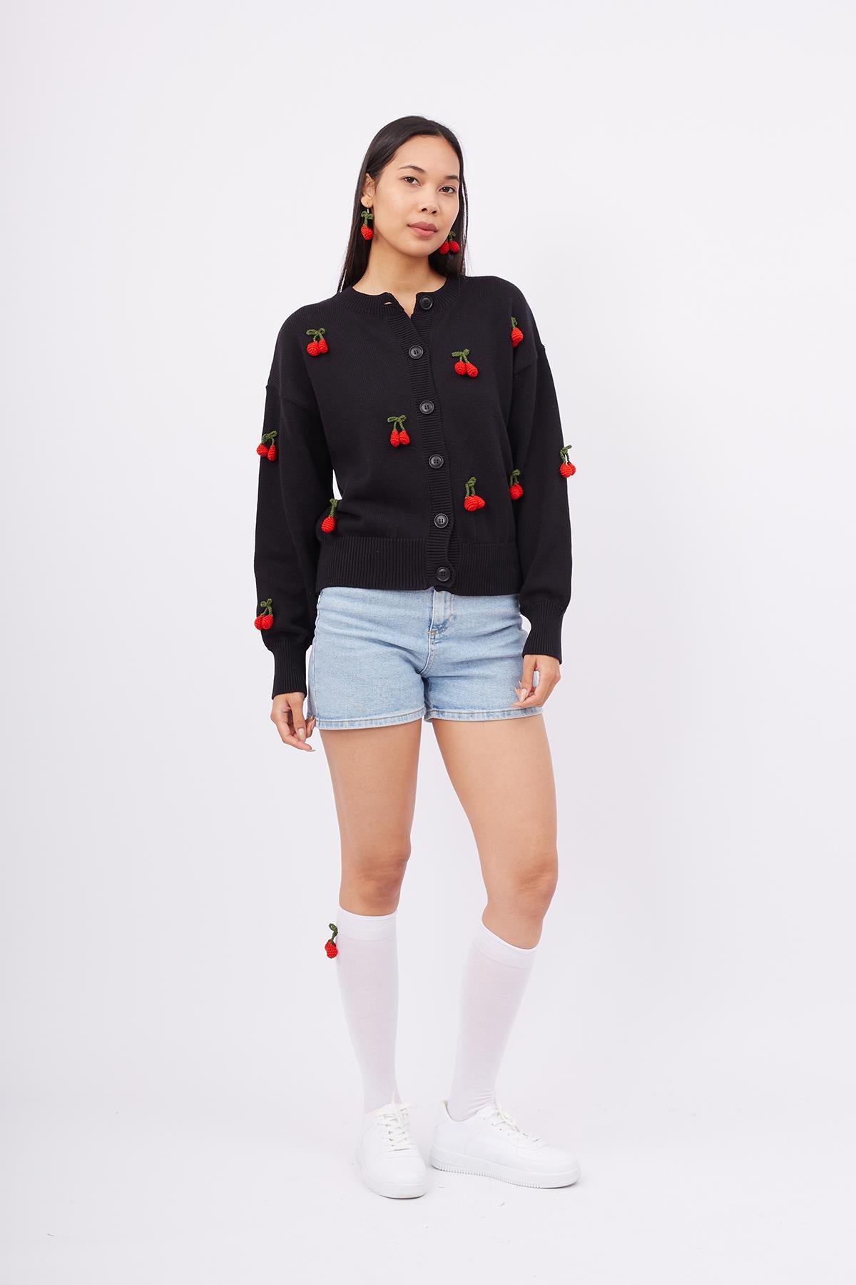 Peraluna Cherry Cardigan Organik Pamuk Kiraz İŞlemeli Kadın Hırka - Siyah