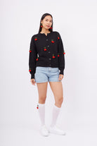 Peraluna Cherry Cardigan Organik Pamuk Kiraz İŞlemeli Kadın Hırka - Siyah