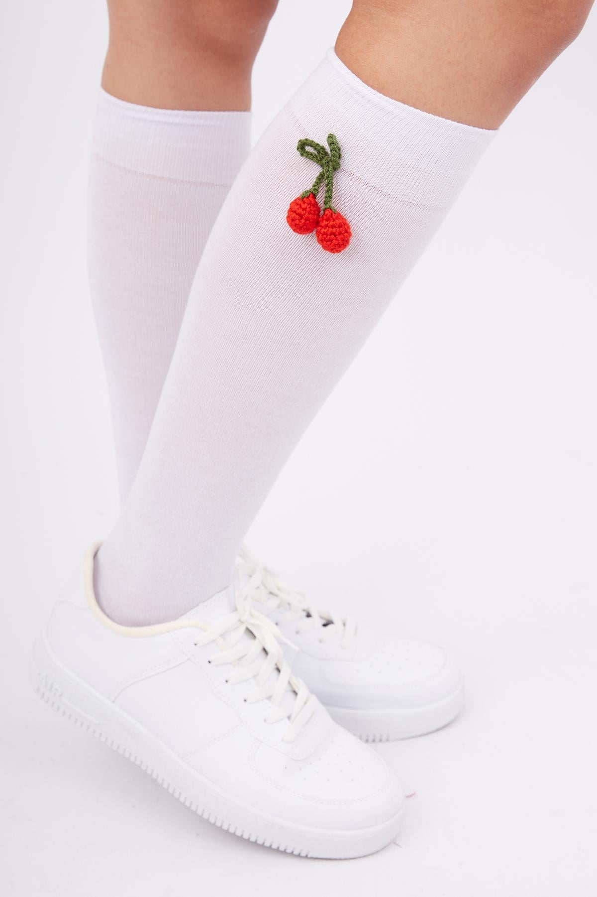 Peraluna Cherry Socks El Yapımı Kiraz Süslemeli Çorap - Beyaz