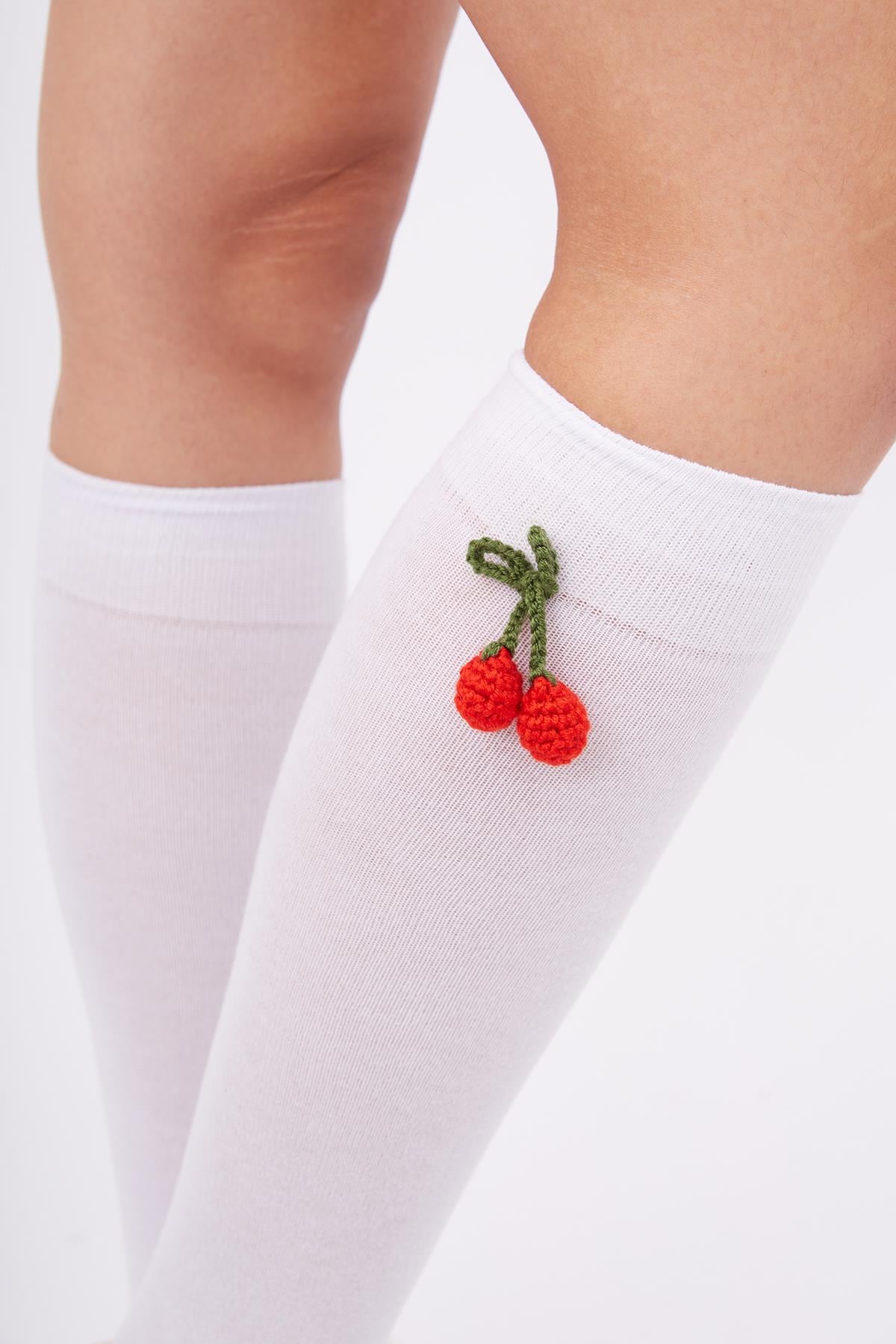 Peraluna Cherry Socks El Yapımı Kiraz Süslemeli Çorap - Beyaz