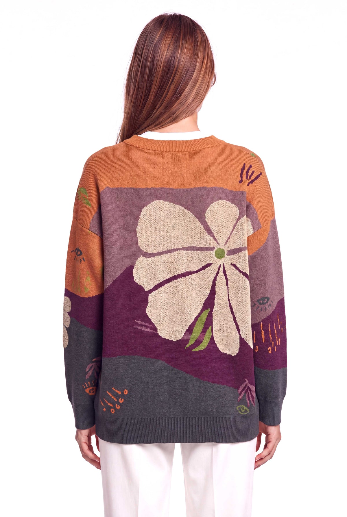Peraluna-Peraluna Charlotte Pullover Bisiklet Yaka Göz Desen Çok Renkli Organik Pamuk Kadın Triko Kazak - Kiremit Multi-Kazak & Triko-4-Milagron.com
