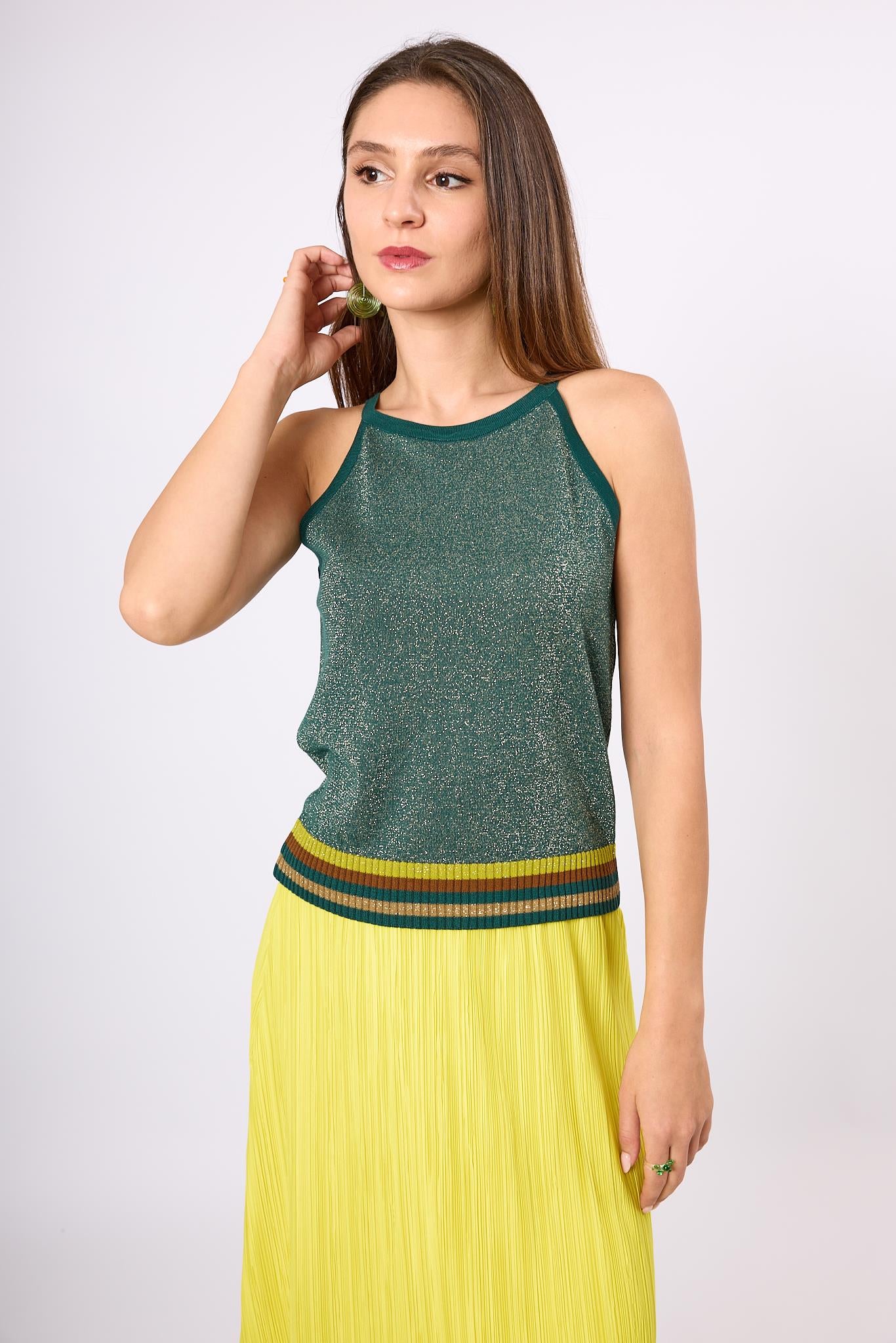 Peraluna-Delight Halter Yaka Çizgili Simli Kadın Triko Bluz Zümrüt Multi-Bluz-2-Milagron.com