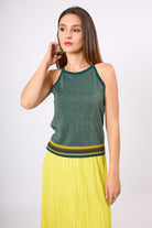 Peraluna-Delight Halter Yaka Çizgili Simli Kadın Triko Bluz Zümrüt Multi-Bluz-2-Milagron.com