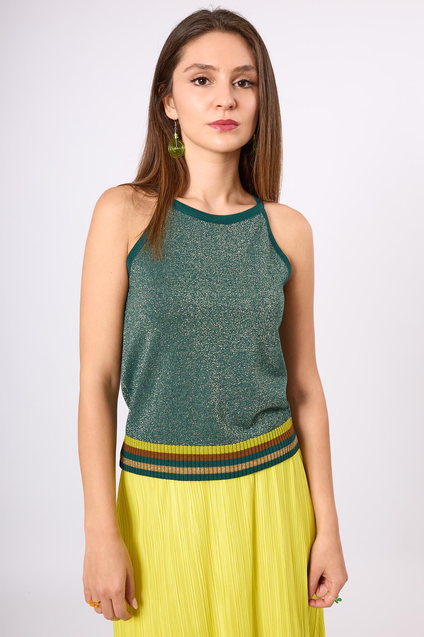 Peraluna-Delight Halter Yaka Çizgili Simli Kadın Triko Bluz Zümrüt Multi-Bluz-5-Milagron.com