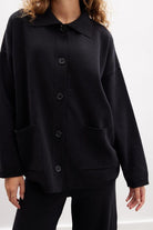 Peraluna-Denise Cardigan Polo Yaka Geniş Kesim Pamuk Yün Kadın Triko Hırka-Kazak & Triko-4-Milagron.com