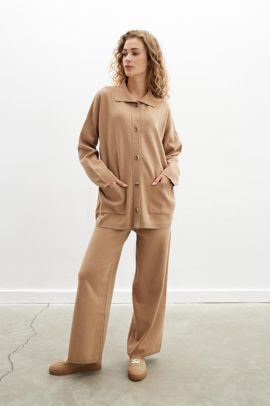 Peraluna Denise Trouser Rahat Kalıp Pamuk-Yün Karşım Kadın Triko Pantolon - Camel