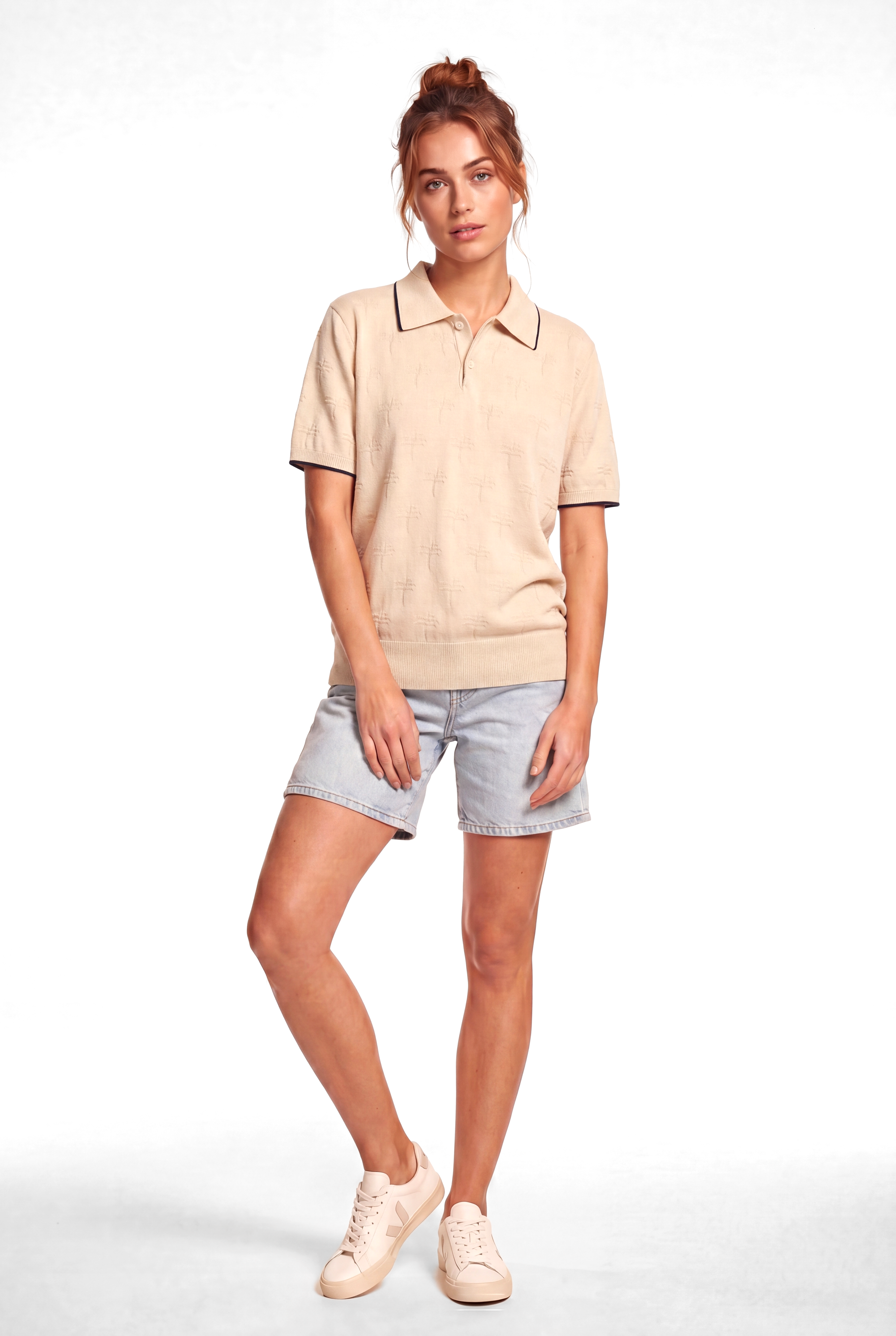Peraluna Desert Palm Polo, Palmiye Desenli Polo Yaka Triko Tişört - Krem