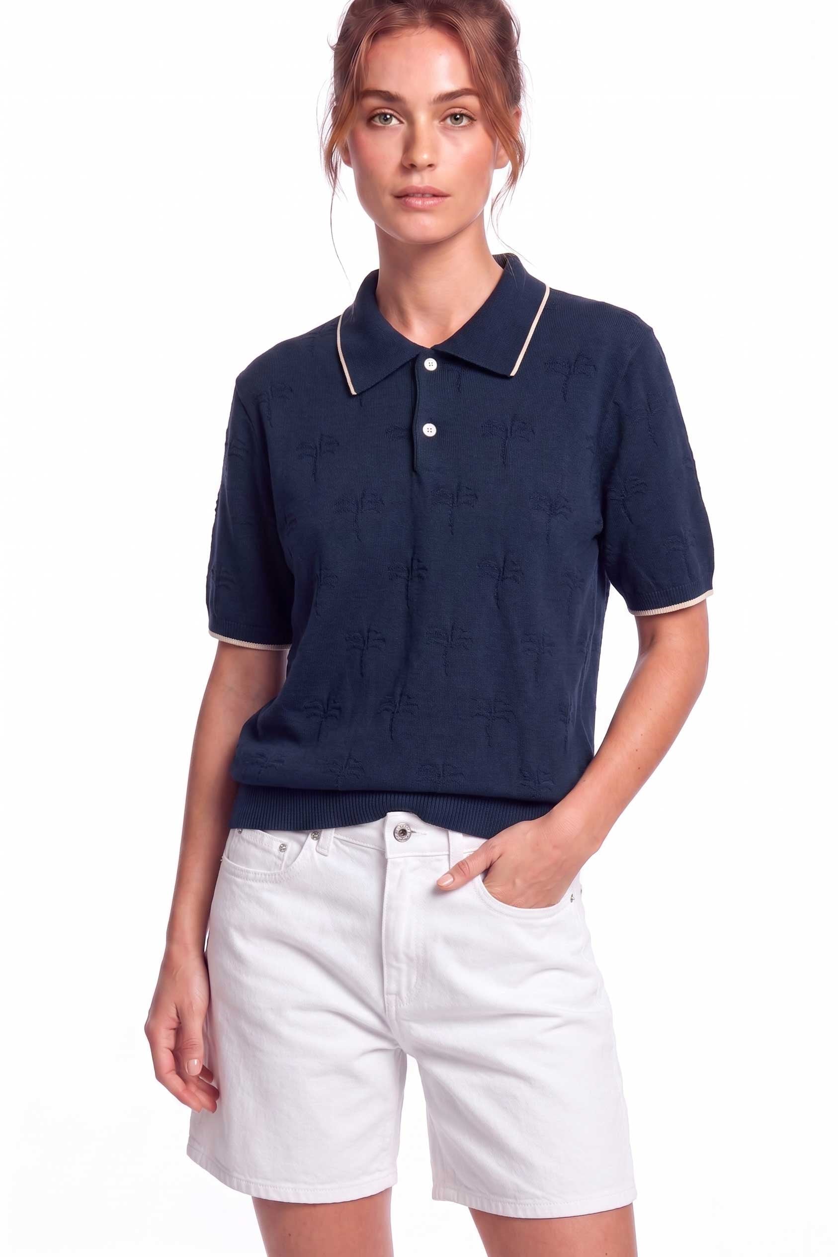 Peraluna Desert Palm Polo, Palmiye Desenli Polo Yaka Triko Tişört - Lacivert