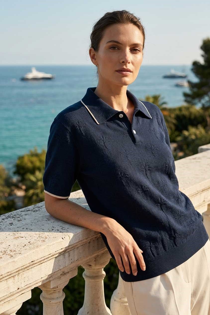 Peraluna Desert Palm Polo, Palmiye Desenli Polo Yaka Triko Tişört - Lacivert