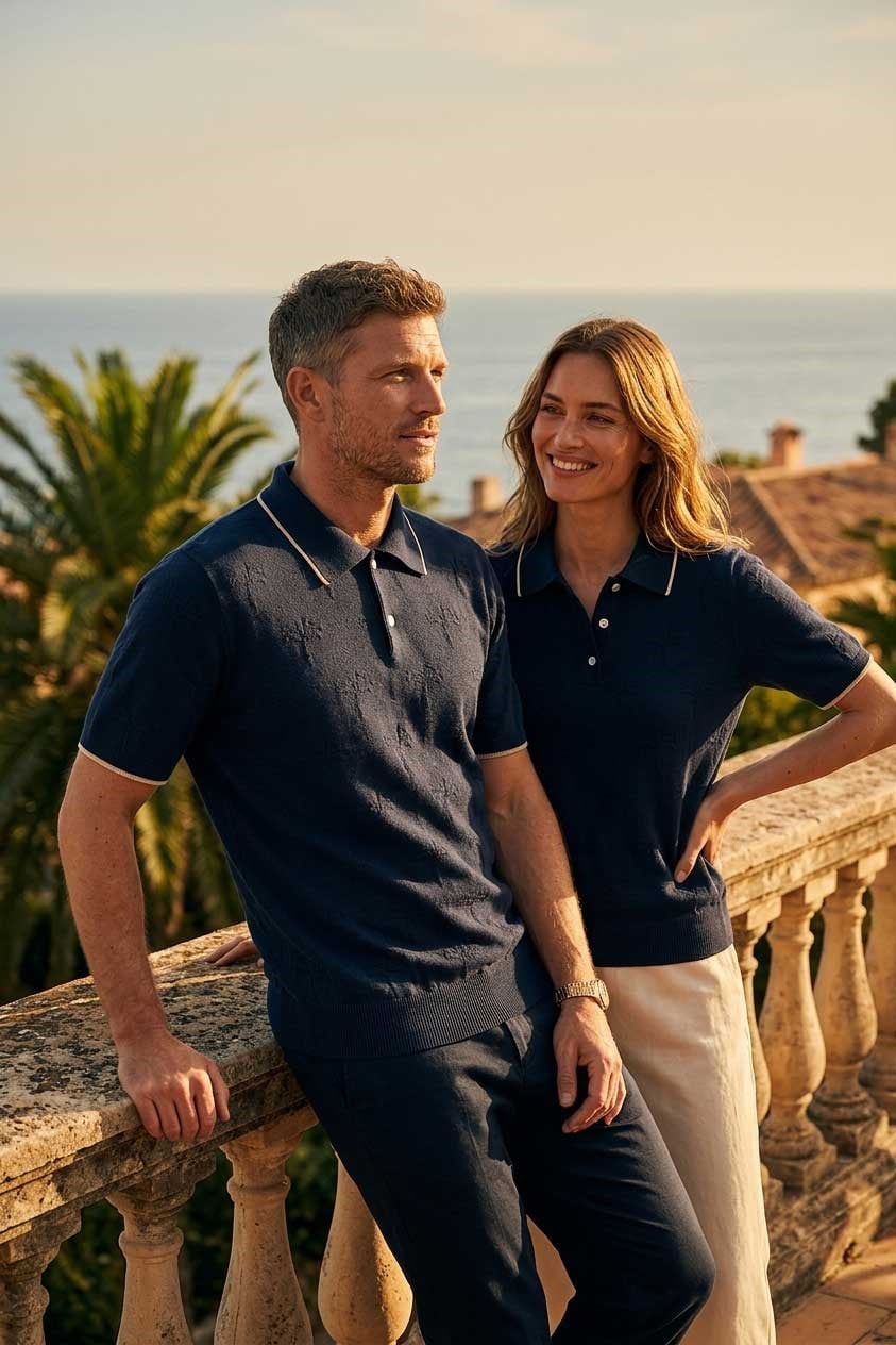 Peraluna Desert Palm Polo, Palmiye Desenli Polo Yaka Triko Tişört - Lacivert