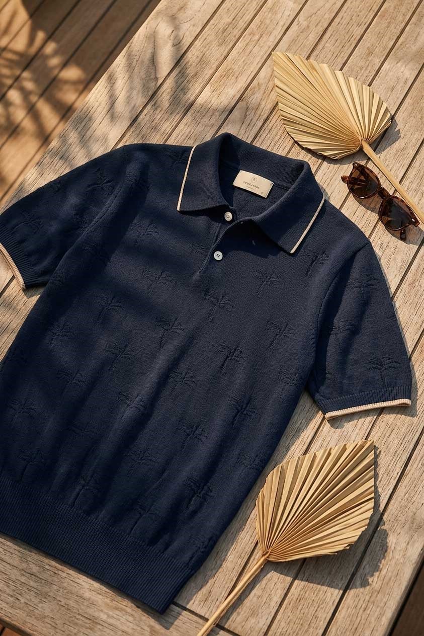Peraluna Desert Palm Polo, Palmiye Desenli Polo Yaka Triko Tişört - Lacivert