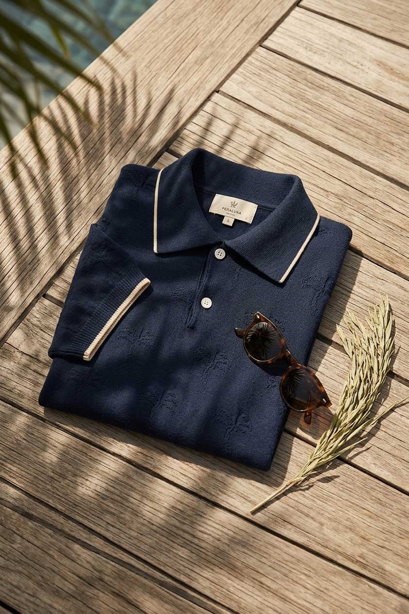 Peraluna Desert Palm Polo, Palmiye Desenli Polo Yaka Triko Tişört - Lacivert