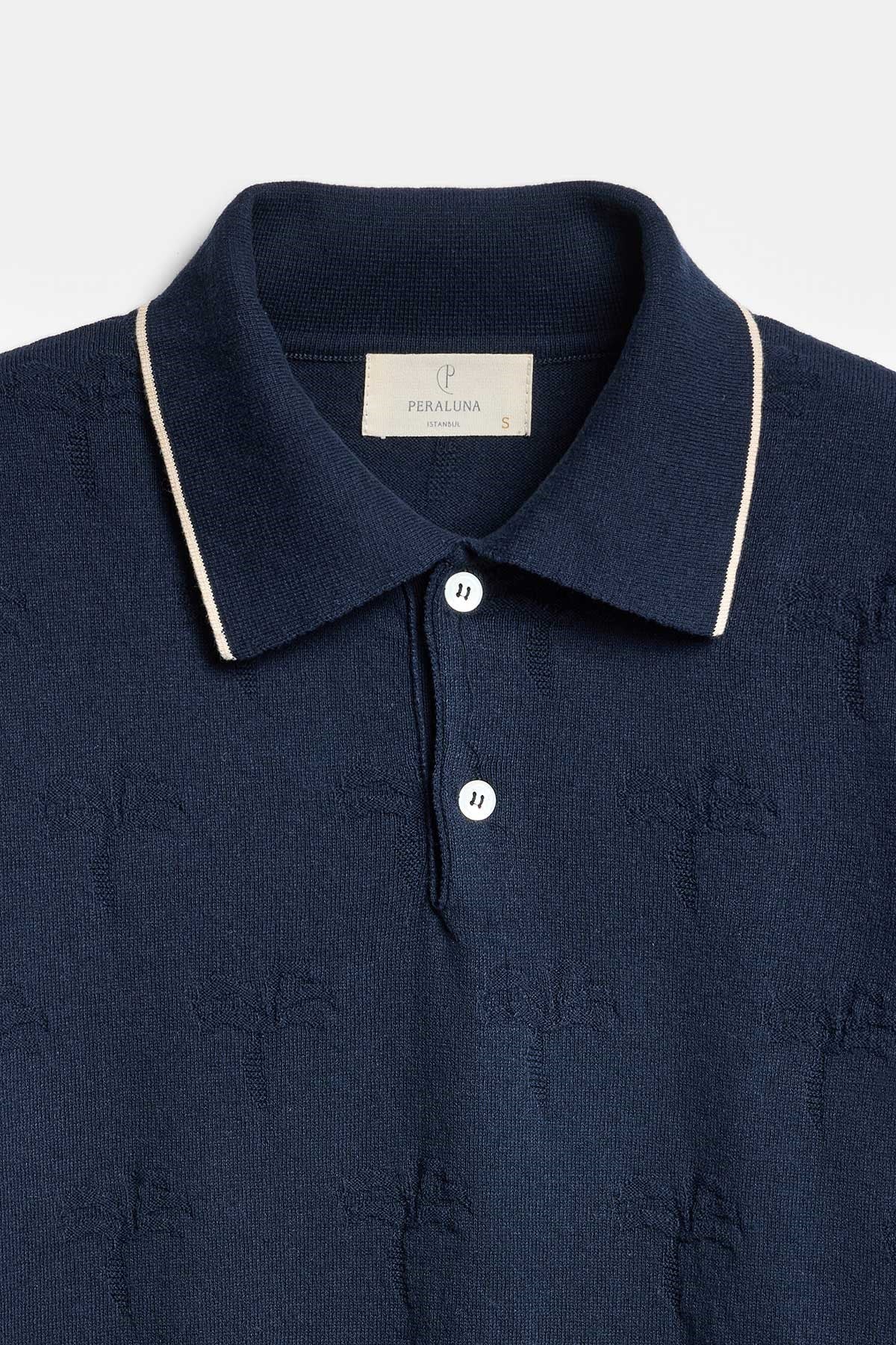 Peraluna Desert Palm Polo, Palmiye Desenli Polo Yaka Triko Tişört - Lacivert