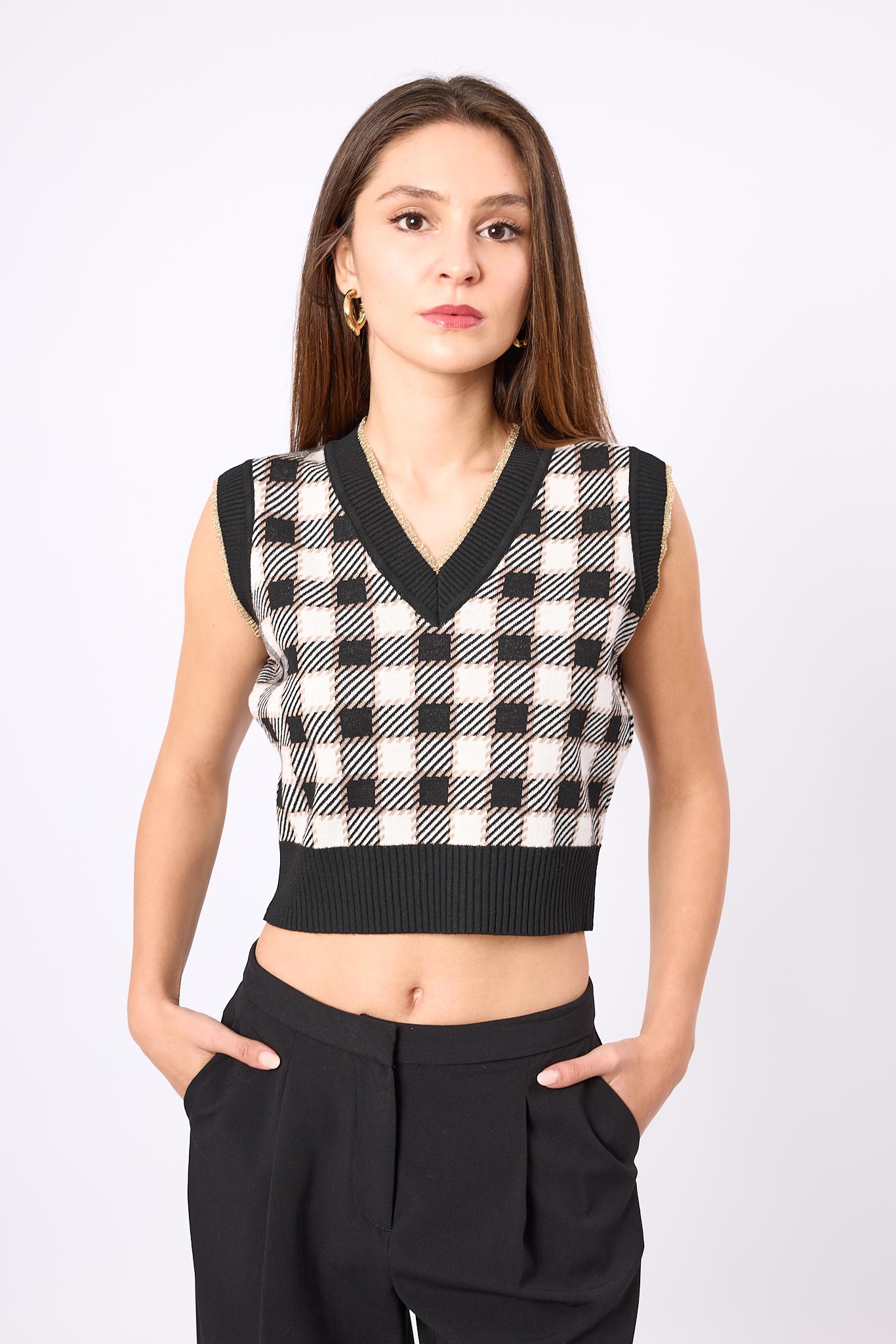 Peraluna-Diana Pötikare Kadın Krop Kesim Triko Süveter Siyah/Ekru-Kazak & Triko-2-Milagron.com