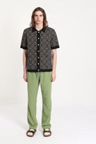 Peraluna-Far Afield Zigger Cardigan Tenteo Pattern Polo Yaka Kısa Kol %100 Organik Pamuk Erkek Triko Hırka-Kazak & Triko-1-Milagron.com