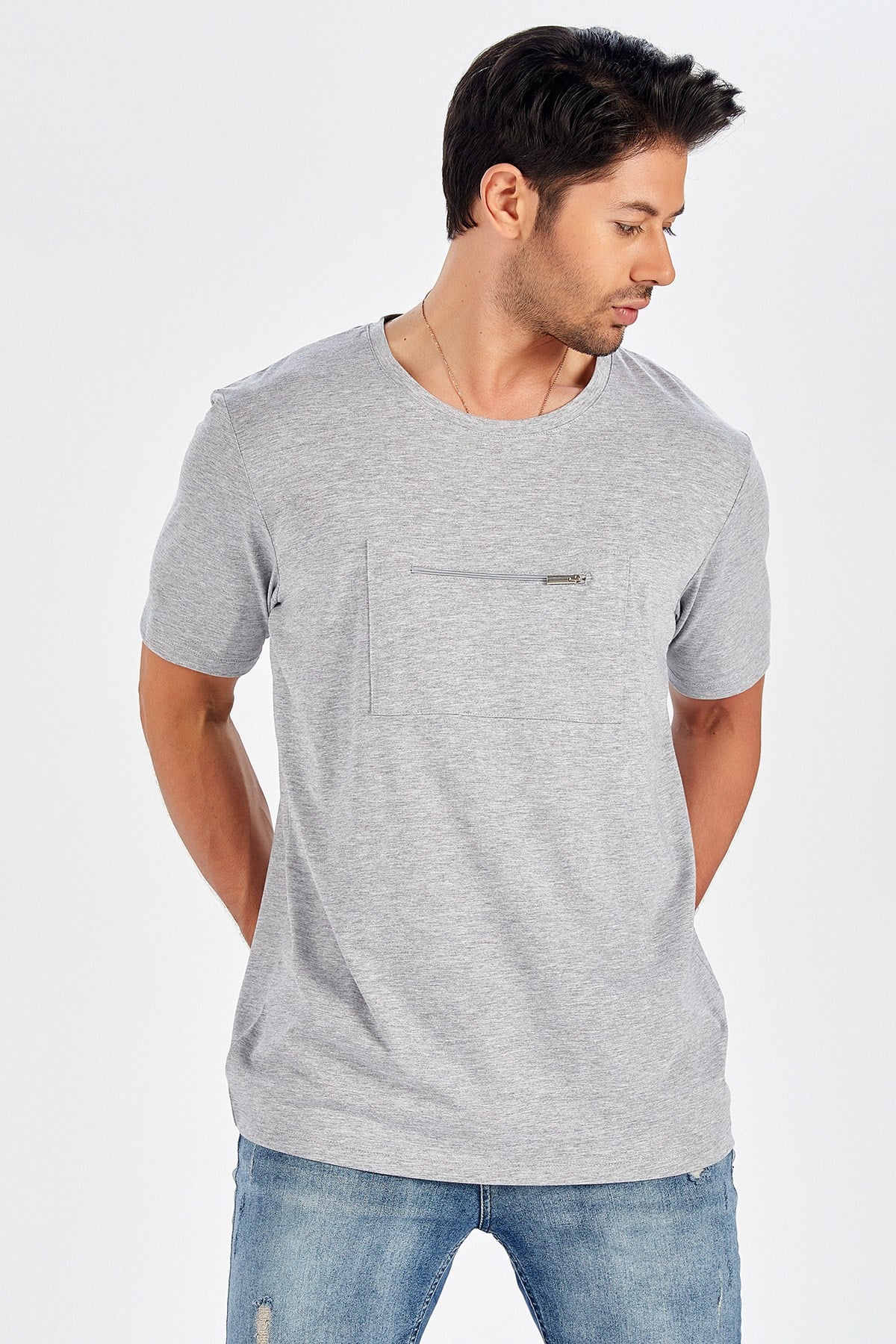 Peraluna Göğüs Fermuarlı Uzun Erkek T-Shirt - Açık Gri Melanj