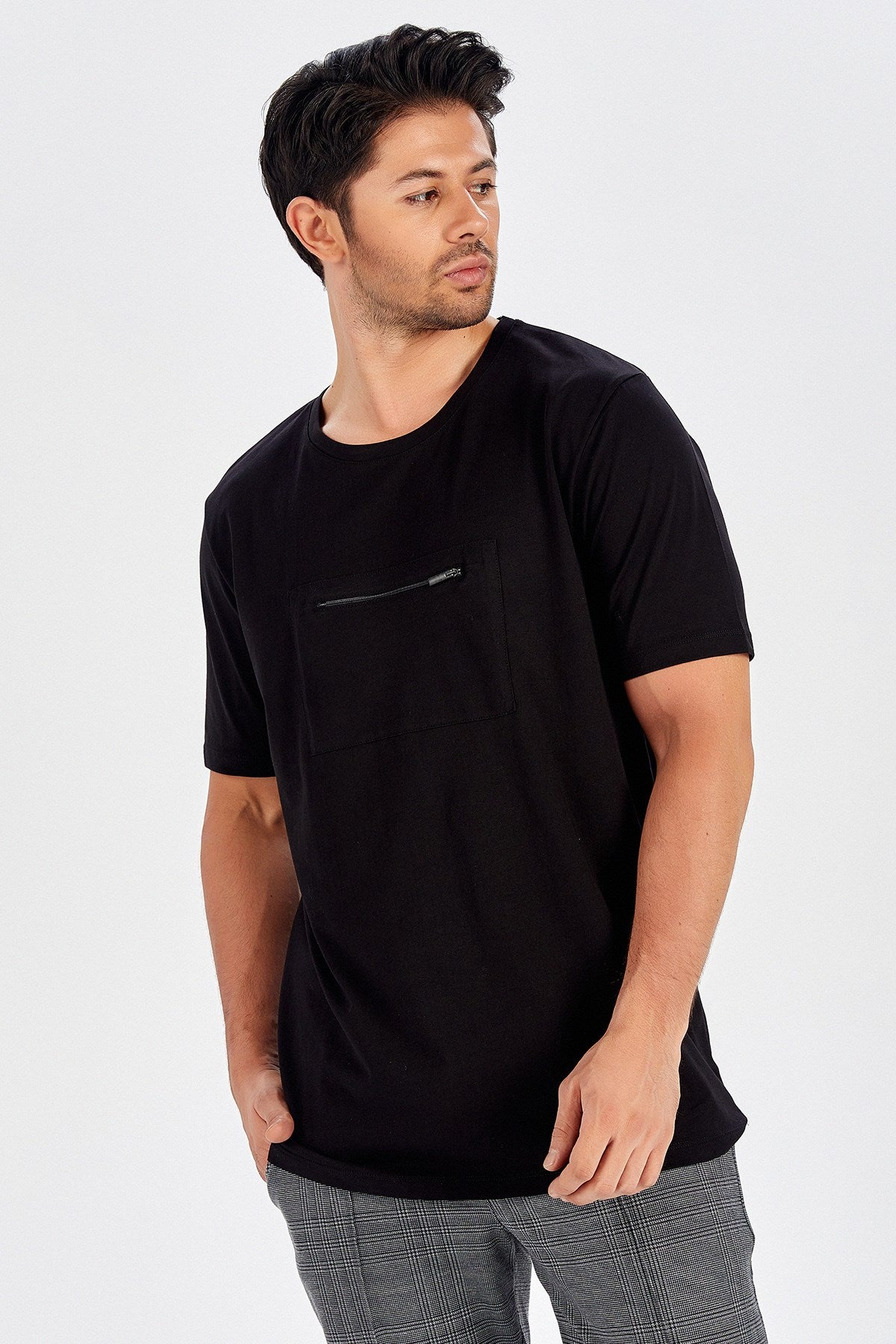 Peraluna Göğüs Fermuarlı Uzun Erkek T-Shirt - Siyah