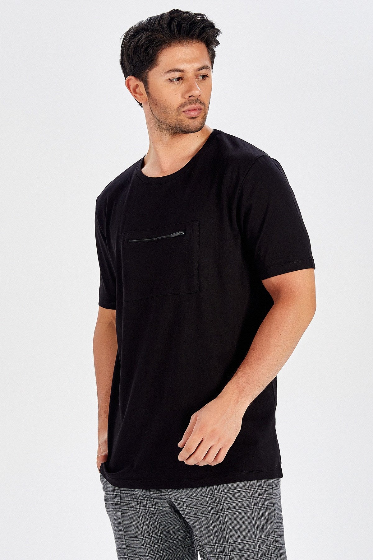 Peraluna Göğüs Fermuarlı Uzun Erkek T-Shirt - Siyah