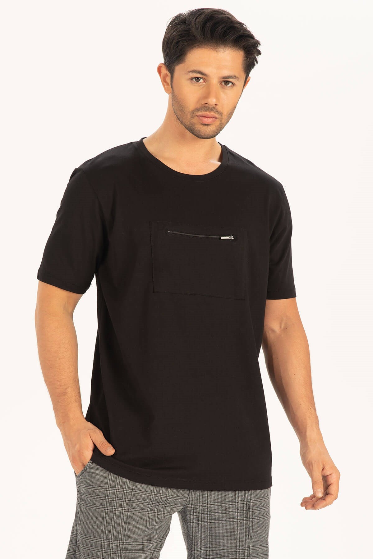 Peraluna Göğüs Fermuarlı Uzun Erkek T-Shirt - Siyah