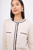 Peraluna-Helen Cardigan Çizgi Detaylı O Yaka Rahat Kesim İnce Kadın Triko Hırka Bej-Kazak & Triko-3-Milagron.com