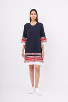 Peraluna-Hilda Dress Püskül Detaylı A Form 3/4 Kol Rahat Kadın Triko Elbise Lacivert-Elbise-1-Milagron.com