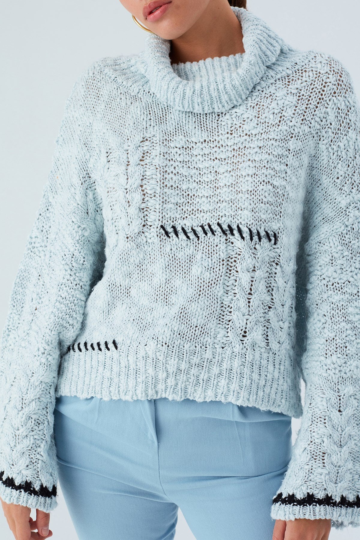 Peraluna-Ilda Pullover %100 Pamuk Saç örgülü Bol Kesim Kadın Triko Kazak Buz Mavisi-Kazak-3-Milagron.com