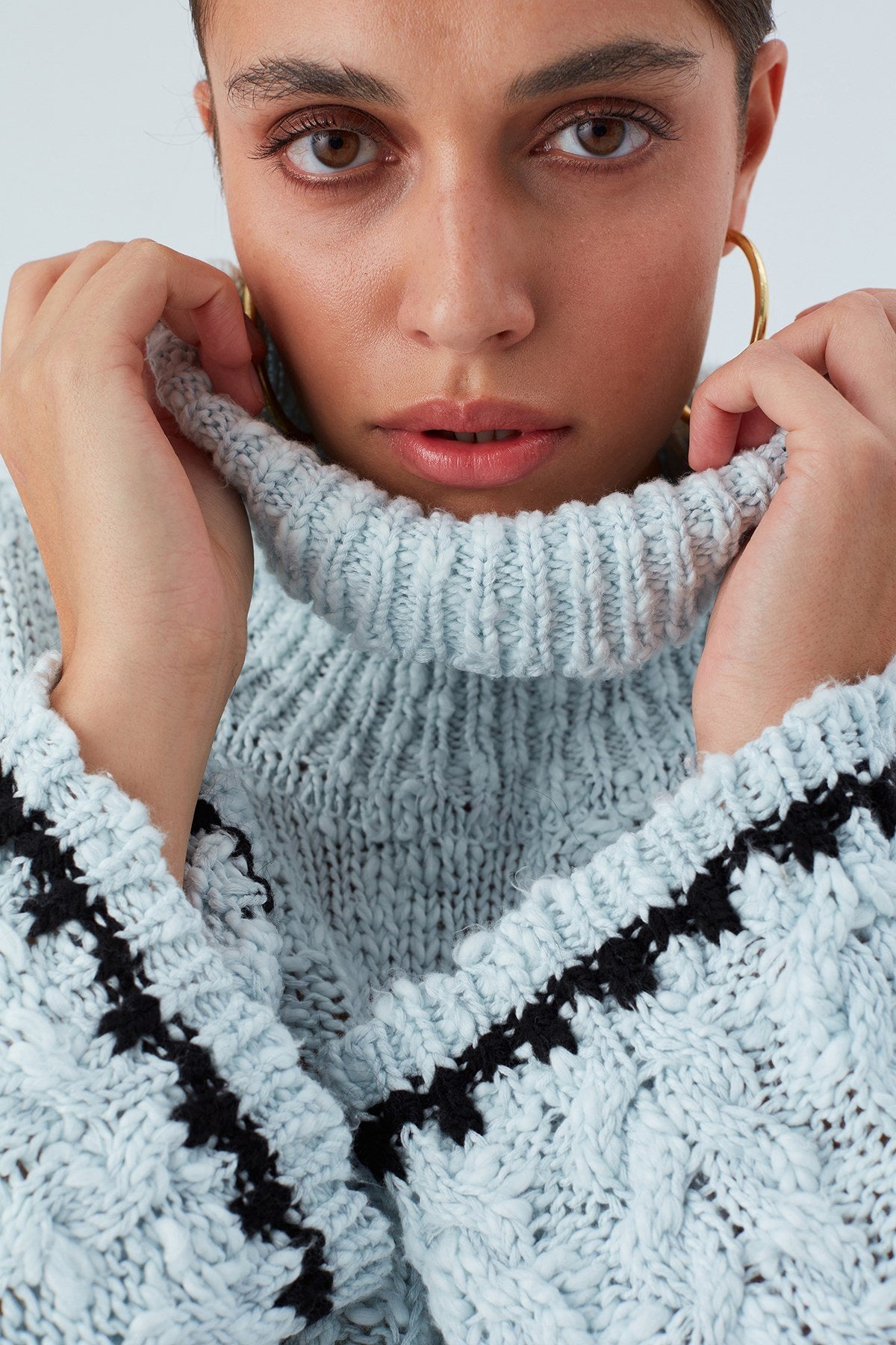 Peraluna-Ilda Pullover %100 Pamuk Saç örgülü Bol Kesim Kadın Triko Kazak Buz Mavisi-Kazak-4-Milagron.com