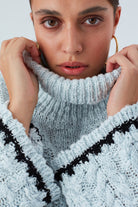 Peraluna-Ilda Pullover %100 Pamuk Saç örgülü Bol Kesim Kadın Triko Kazak Buz Mavisi-Kazak-4-Milagron.com