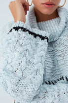 Peraluna-Ilda Pullover %100 Pamuk Saç örgülü Bol Kesim Kadın Triko Kazak Buz Mavisi-Kazak-5-Milagron.com