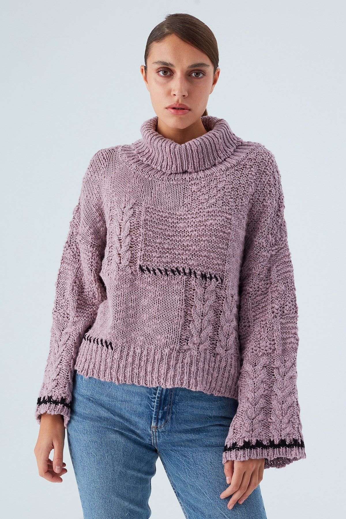 Peraluna-Ilda Pullover %100 Pamuk Saç örgülü Bol Kesim Kadın Triko Kazak Gül Kurusu-Kazak-2-Milagron.com