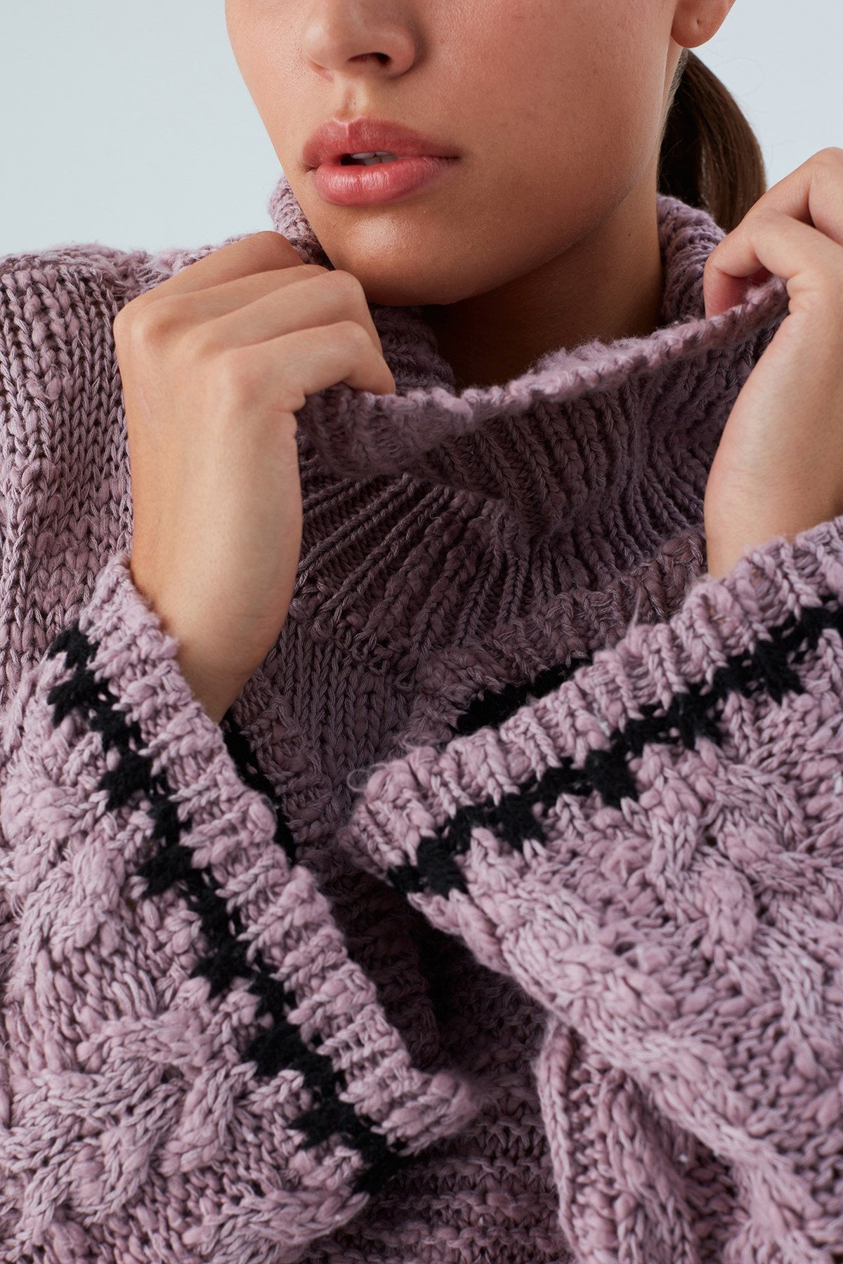 Peraluna-Ilda Pullover %100 Pamuk Saç örgülü Bol Kesim Kadın Triko Kazak Gül Kurusu-Kazak-4-Milagron.com