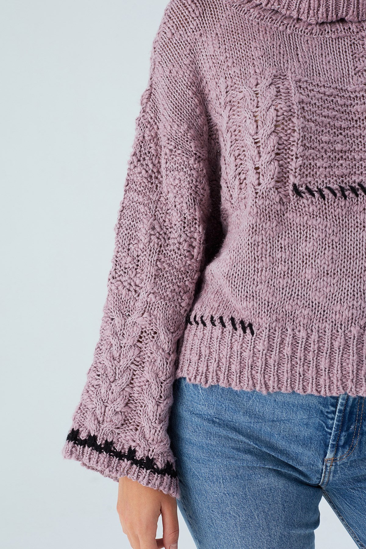 Peraluna-Ilda Pullover %100 Pamuk Saç örgülü Bol Kesim Kadın Triko Kazak Gül Kurusu-Kazak-7-Milagron.com