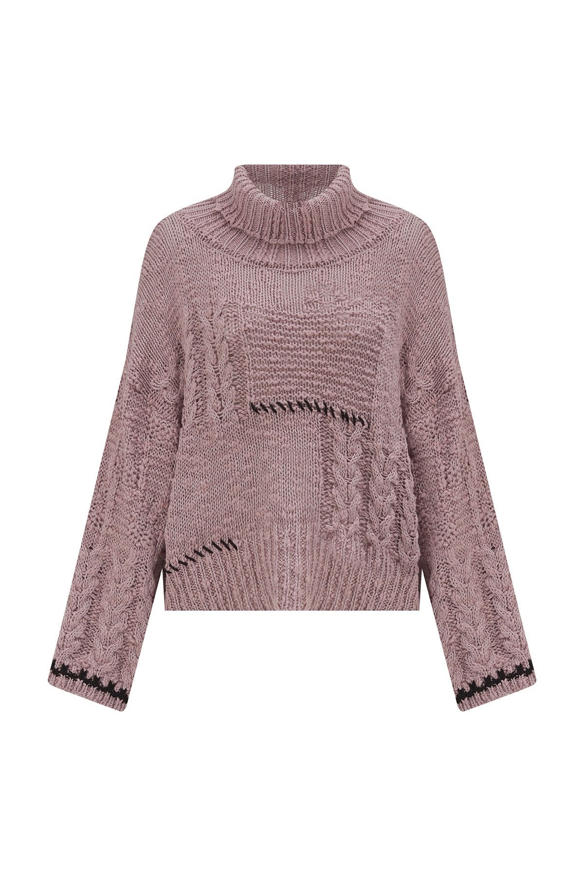 Peraluna-Ilda Pullover %100 Pamuk Saç örgülü Bol Kesim Kadın Triko Kazak Gül Kurusu-Kazak-8-Milagron.com