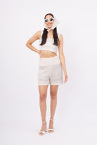 Peraluna-Iris Short Ajur Örgü Beli Lastikli Rahat Kesim Kadın Triko Şort Ekru-Şort-1-Milagron.com