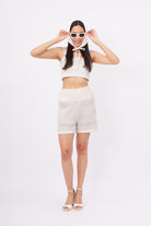 Peraluna-Iris Short Ajur Örgü Beli Lastikli Rahat Kesim Kadın Triko Şort Ekru-Şort-5-Milagron.com
