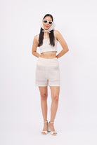 Peraluna-Iris Short Ajur Örgü Beli Lastikli Rahat Kesim Kadın Triko Şort Ekru-Şort-6-Milagron.com