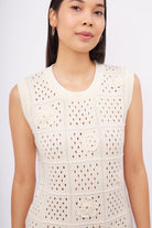 Peraluna-Isabel Dress Ajur örgü El Yapımı çiçek Detaylı Düz Kesim Kolsuz Kadın Triko Elbise Ekru-Elbise-3-Milagron.com