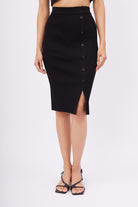 Peraluna-Jasmine Skirt Midi Boy Yandan Düğmeli Ribana Kadın Triko Etek Siyah-Etek-2-Milagron.com