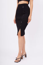 Peraluna-Jasmine Skirt Midi Boy Yandan Düğmeli Ribana Kadın Triko Etek Siyah-Etek-4-Milagron.com