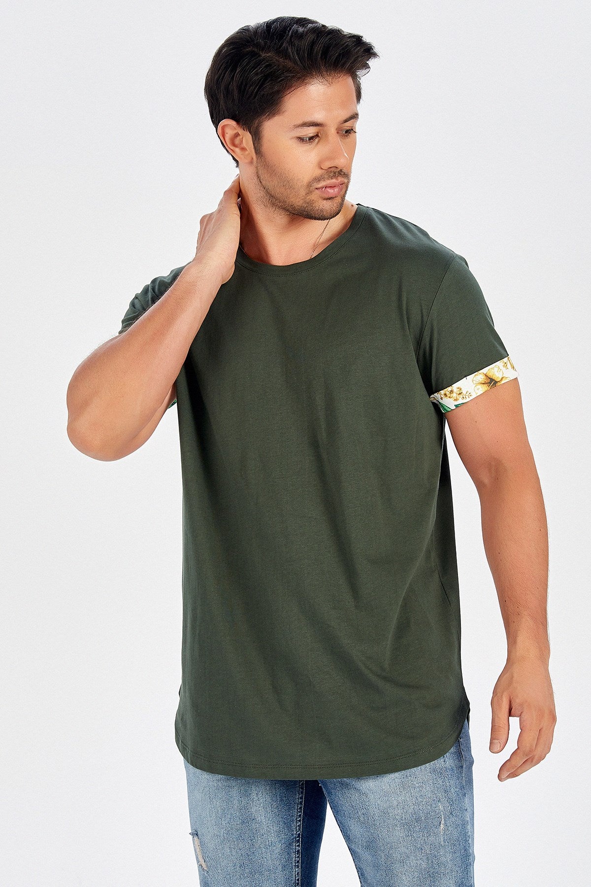 Peraluna Kol Ucu Baskılı Uzun Erkek T-Shirt - Haki