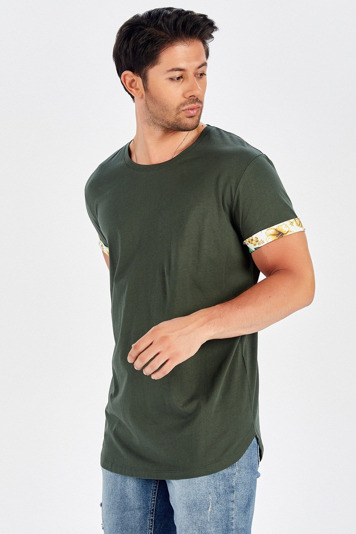 Peraluna Kol Ucu Baskılı Uzun Erkek T-Shirt - Haki