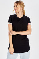 Peraluna-Kol Ucu Baskılı Uzun Kadın T Shirt Siyah-T-Shirts-2-Milagron.com