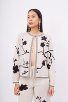 Peraluna-Lady Sakura Jacket Sakura Desen Komfort Fit Kadın Triko Ceket Bej-Ceket-6-Milagron.com