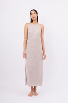 Peraluna-Lisa Dress Ajur örgü Dar Kesim Halter Yaka Arkası Bağcıklı Uzun Kadın Triko Elbise Taş-Elbise-1-Milagron.com