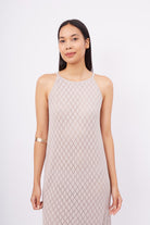 Peraluna-Lisa Dress Ajur örgü Dar Kesim Halter Yaka Arkası Bağcıklı Uzun Kadın Triko Elbise Taş-Elbise-2-Milagron.com