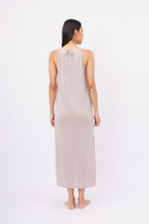 Peraluna-Lisa Dress Ajur örgü Dar Kesim Halter Yaka Arkası Bağcıklı Uzun Kadın Triko Elbise Taş-Elbise-8-Milagron.com