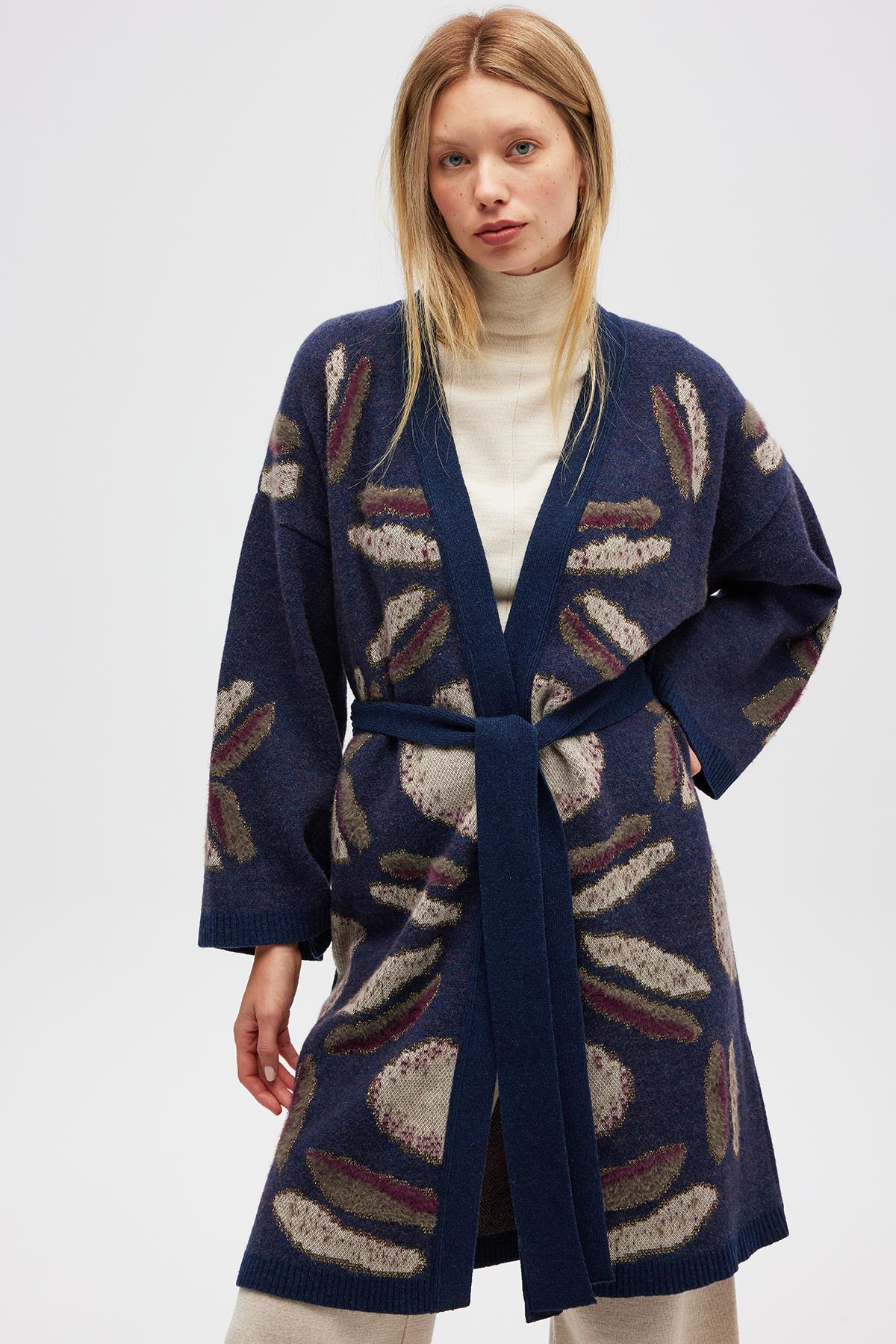 Peraluna-Makoya Desenli Kadın Triko Kimono Indigo Multi-Kimono-2-Milagron.com